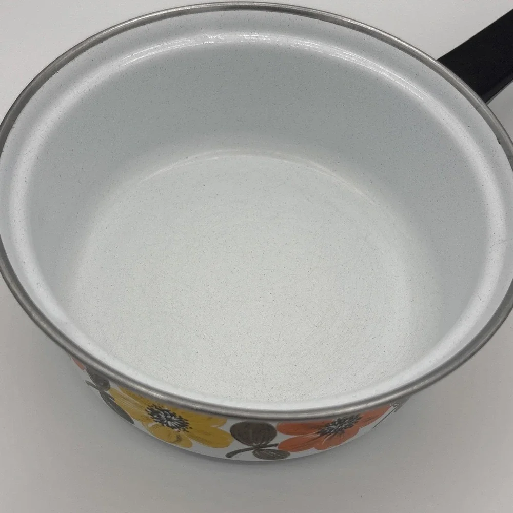 Vtg Austria Email Primavera Enamelware Saucepan Mod 70s Orange Floral Flower Pan